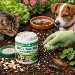 Gloved hand sprinkling pet-safe slug and snail bait in garden soil with cat and dog nearby and slugs on soil