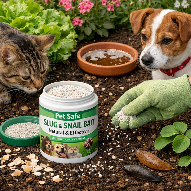 Gloved hand sprinkling pet-safe slug and snail bait in garden soil with cat and dog nearby and slugs on soil