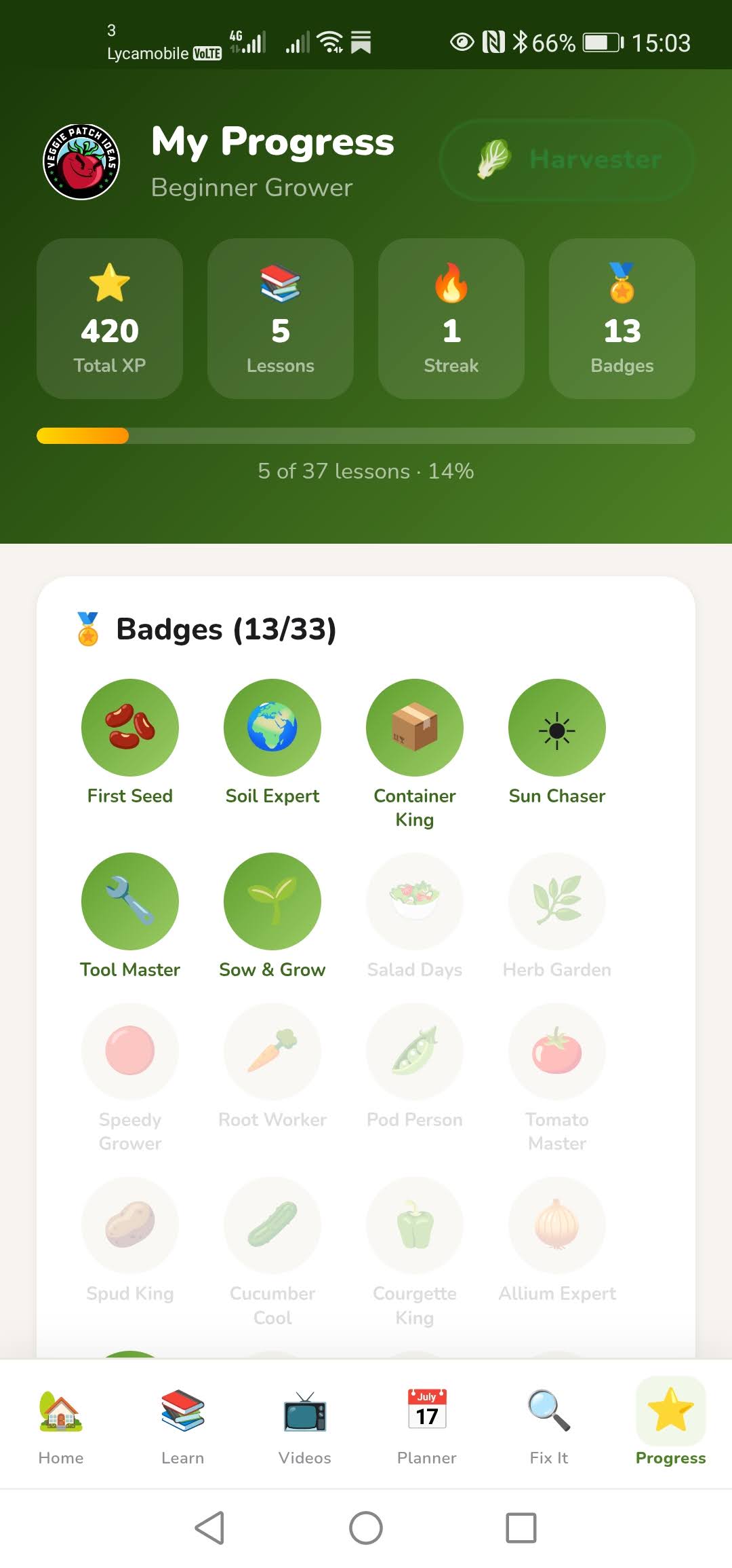 Growers Academy badges screen