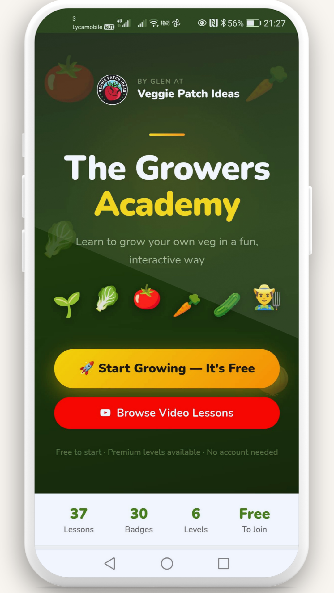 The Growers Academy app by Veggie Patch Ideas — 37 lessons, 30 badges, free to join